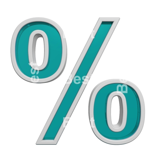 Percent sign from turquoise glass with white frame alphabet set, isolated on white. 