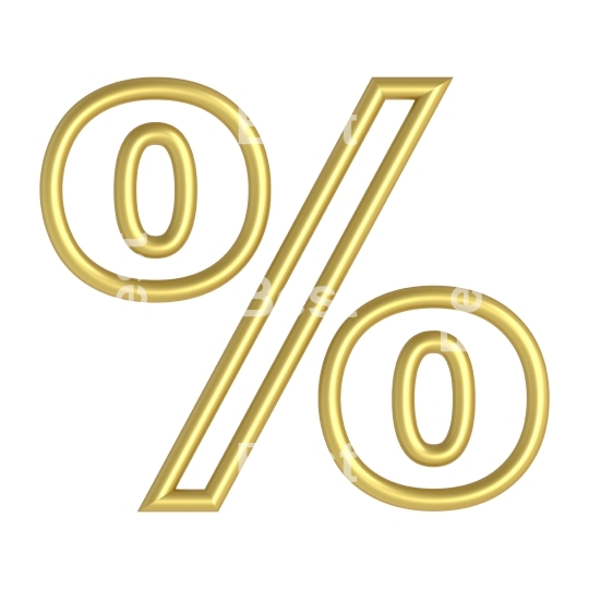 Percent sign from white with gold shiny frame alphabet set, isolated on white