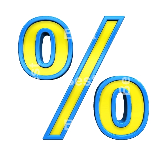 Percent sign from yellow glass with blue frame alphabet set, isolated on white. 