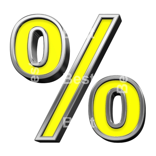 Percent sign from yellow with chrome frame alphabet set, isolated on white. 