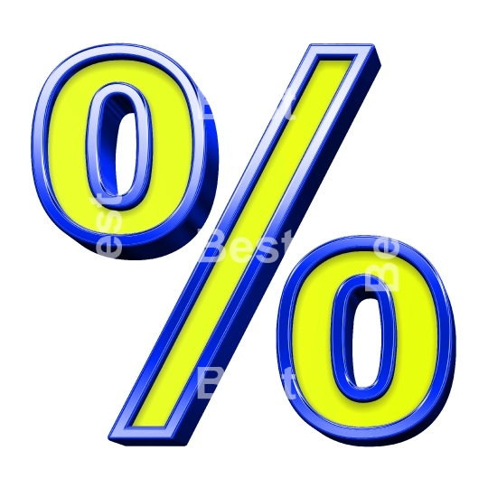 Percent sign from yellow with shiny blue frame alphabet set, isolated on white. 