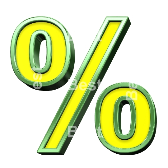 Percent sign from yellow with shiny green frame alphabet set, isolated on white. 