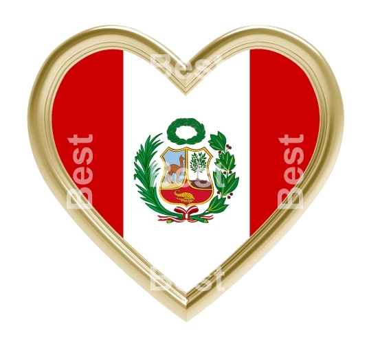 Peru flag in gold heart isolated on white background