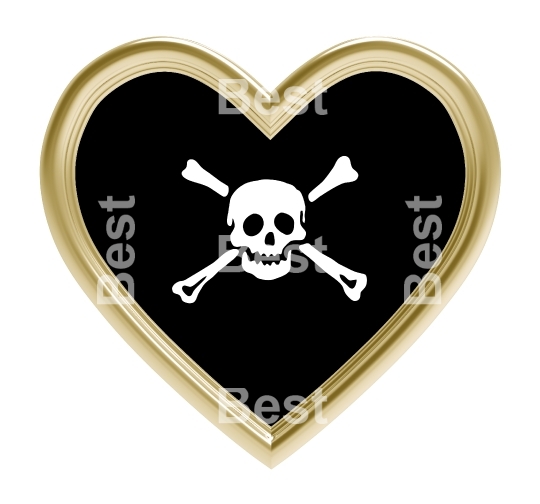 Pirate flag in gold heart isolated on white background.