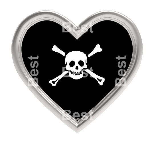 Pirate flag in silver heart isolated on white background.