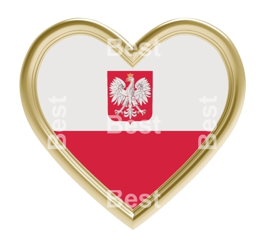 Poland flag in gold heart isolated on white background