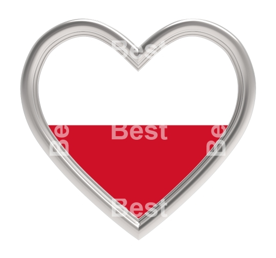 Poland flag in silver heart isolated on white background