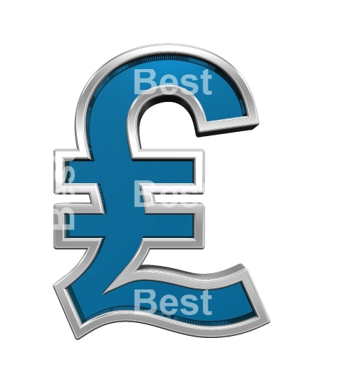 Pound sign from blue glass with chrome frame alphabet set, isolated on white.