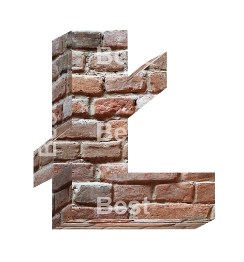 Pound sign from old brick alphabet set isolated over white.