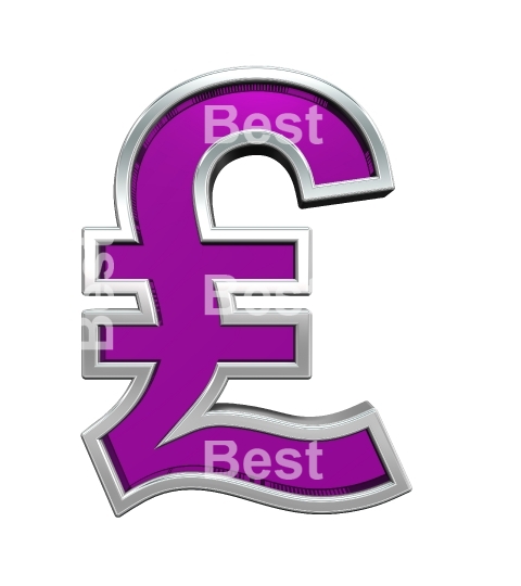 Pound sign from purple glass with chrome frame alphabet set, isolated on white.