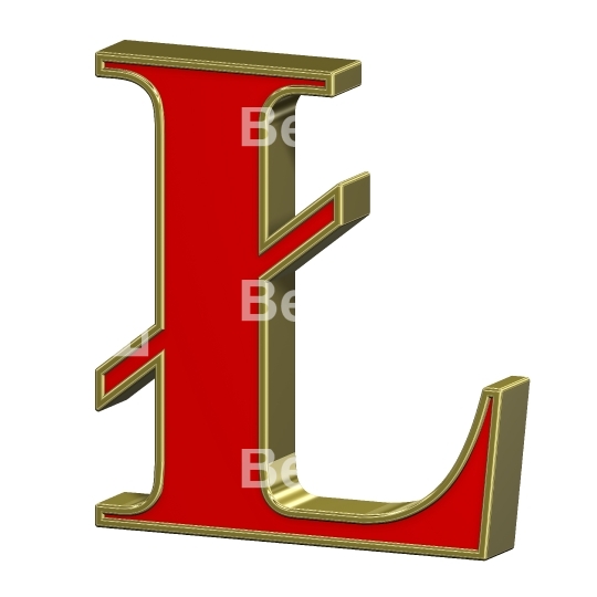 Pound sign from red with gold frame Roman alphabet set, isolated on white