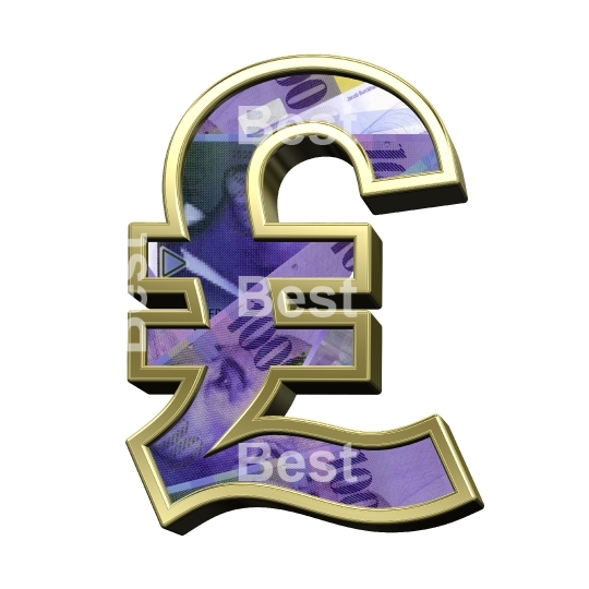 Pound sign from Swiss franc bill with gold frame alphabet set, isolated on white.