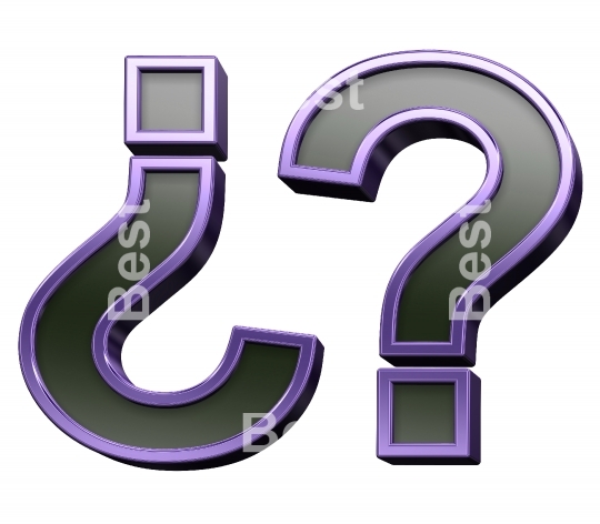 Question mark from black glass with purple frame alphabet set, isolated on white.