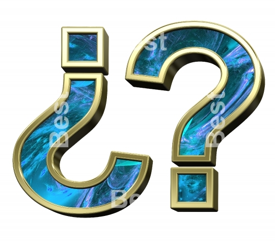 Question mark from blue fractal with shiny gold frame alphabet set, isolated on white.