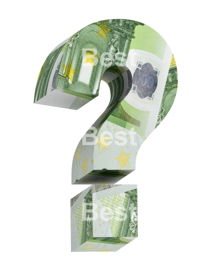 Question mark from euro bill alphabet set isolated over white.
