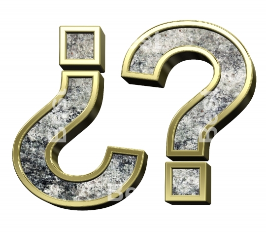 Question mark from granite with gold frame alphabet set isolated over white.