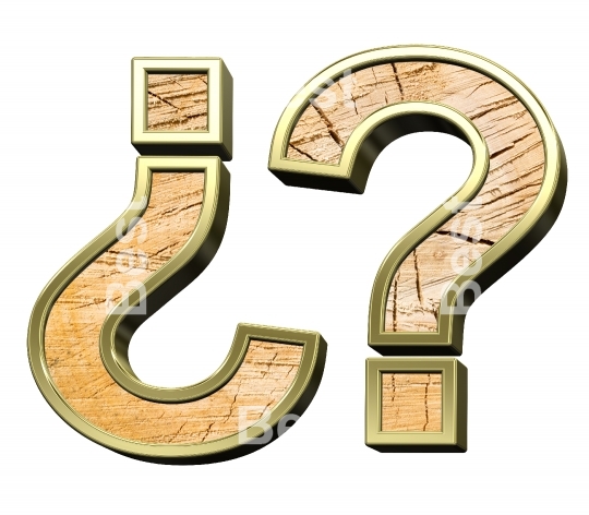 Question mark from pine wood with gold frame alphabet set isolated over white. 