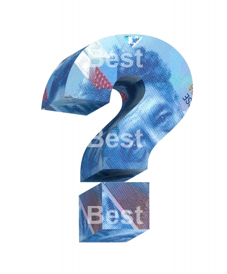 Question mark from the swiss franc bill alphabet set isolated over white.