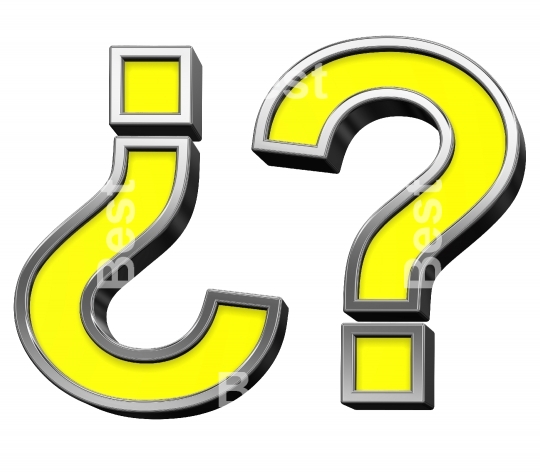 Question mark from yellow with chrome frame alphabet set, isolated on white. 