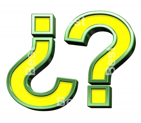 Question mark from yellow with shiny green frame alphabet set, isolated on white. 