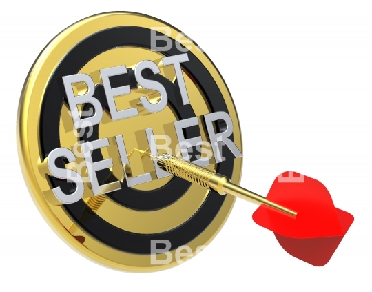 Red dart on a gold target with text on it. The concept of bestseller sign. 