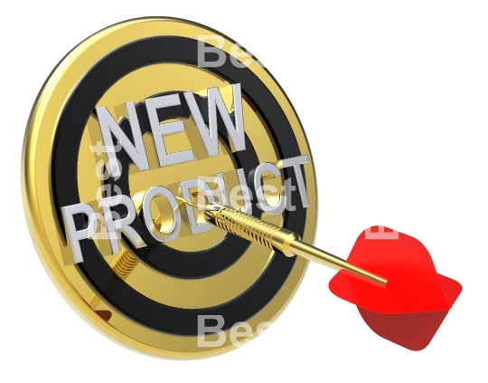 Red dart on a gold target with text on it. The concept of new product. 