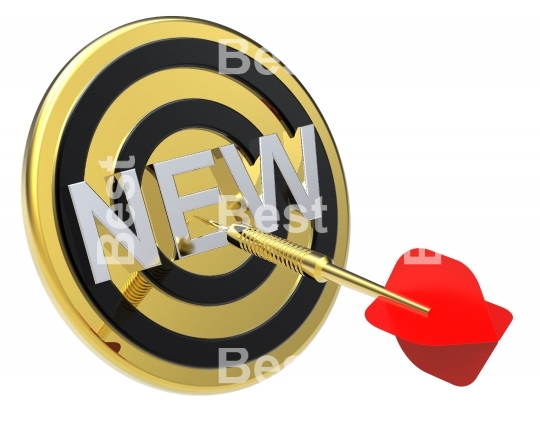 Red dart on a gold target with text on it. The concept of new product.