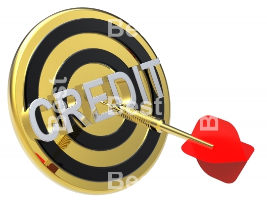 Red dart on a gold target with text on it. The concept of obtaining credit.