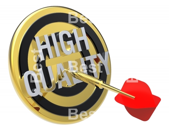 Red dart on a gold target with text on it. The concept of quality control. 