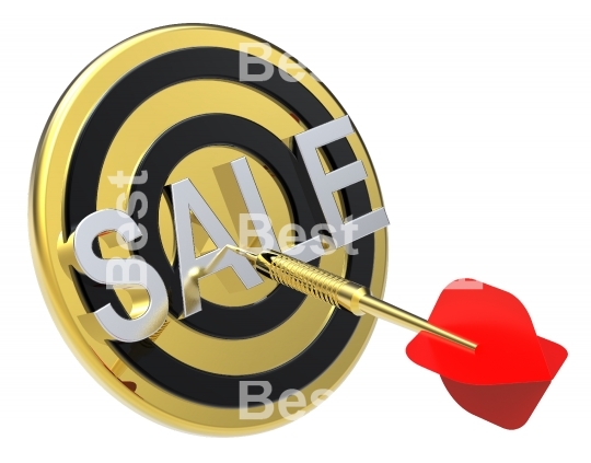 Red dart on a gold target with text on it. The concept of sales and occasion.