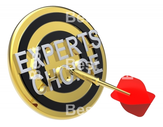Red dart on a gold target with text on it. The concept of selecting a good product. 