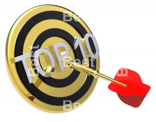 Red dart on a gold target with text on it. The concept of TOP 10 list.