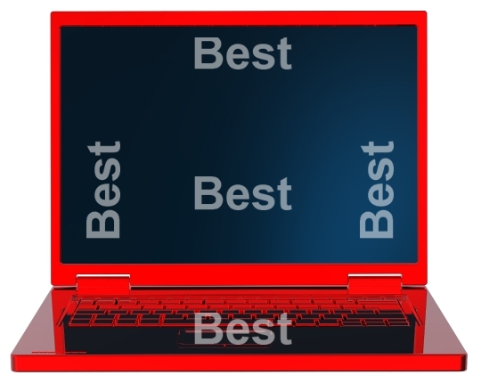 Red laptop isolated on white.