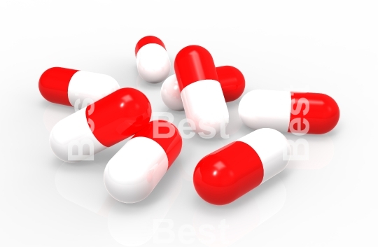 Red medical capsules isolated on white background - close-up. 