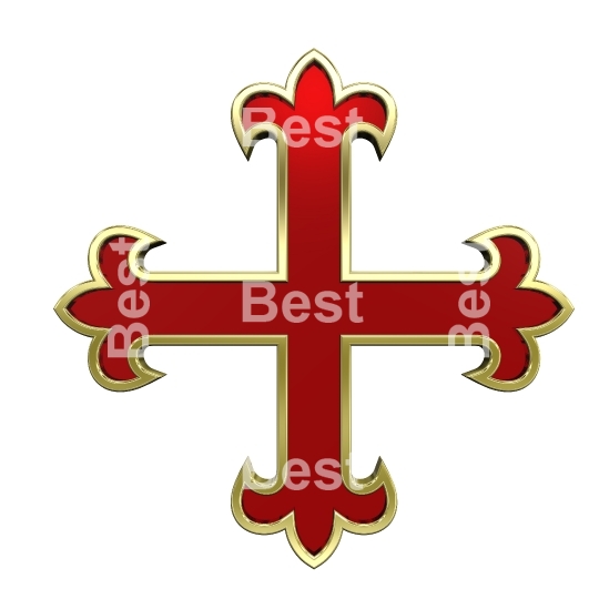 Red with gold frame heraldic cross isolated on white. 