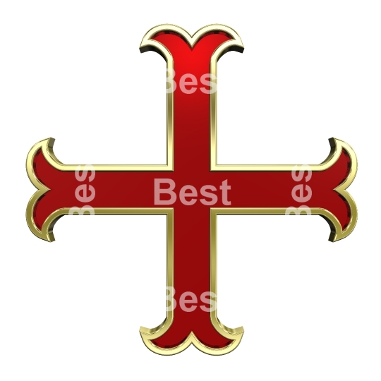 Red with gold frame heraldic cross isolated on white. 