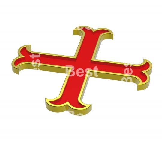 Red with gold frame heraldic cross isolated on white. 