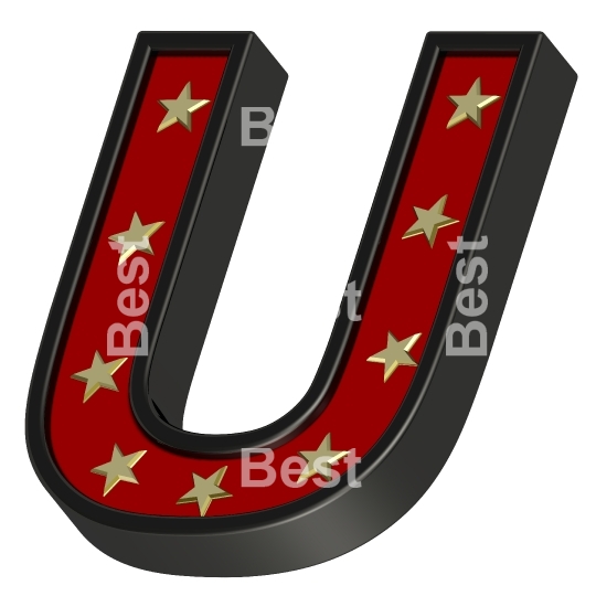 Red-black letter with stars isolated on white.