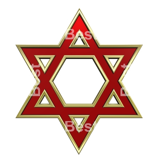 Ruby with gold frame Judaism religious symbol - star of david isolated on white. 