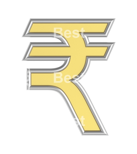 Rupee sign from yellow with silver shiny frame alphabet set, isolated on white