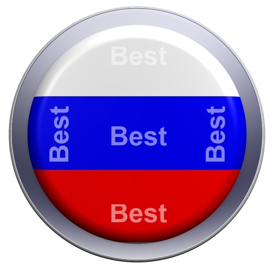 Russia flag on the round button isolated on white. 