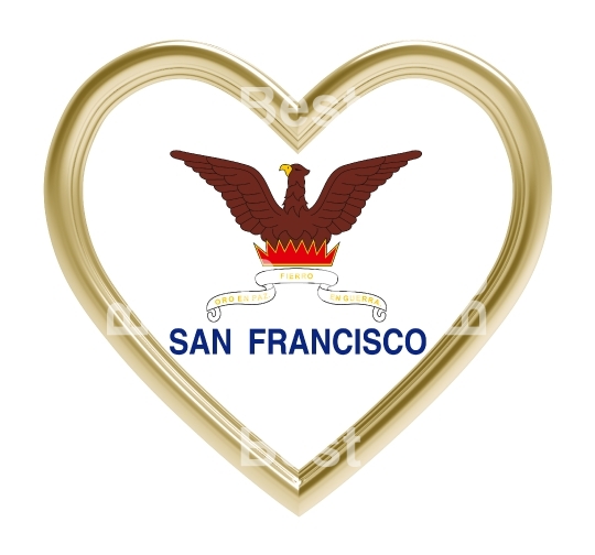 San Francisco flag in gold heart isolated on white background
