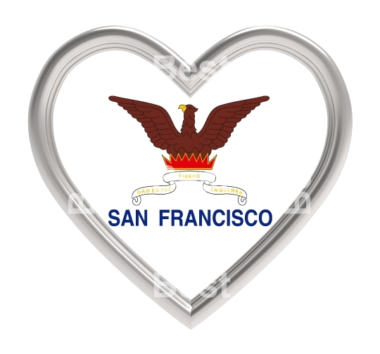 San Francisco flag in silver heart isolated on white background