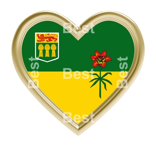 Saskatchewan flag in gold heart isolated on white background.