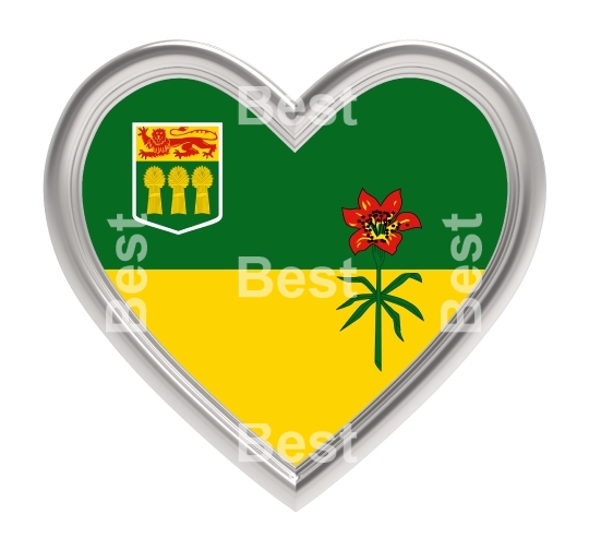 Saskatchewan flag in silver heart isolated on white background. 