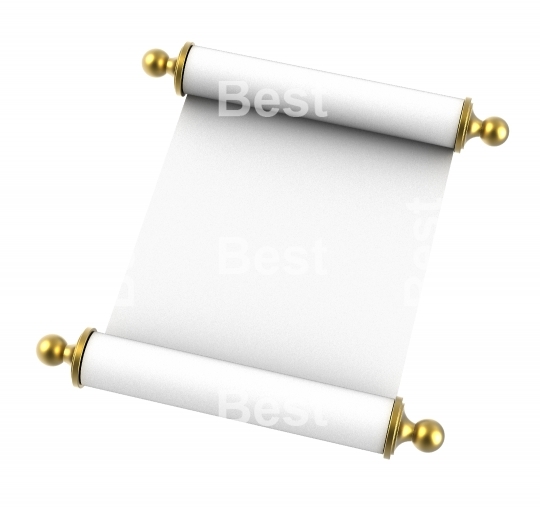 Scroll paper with golden handles isolated on white background.