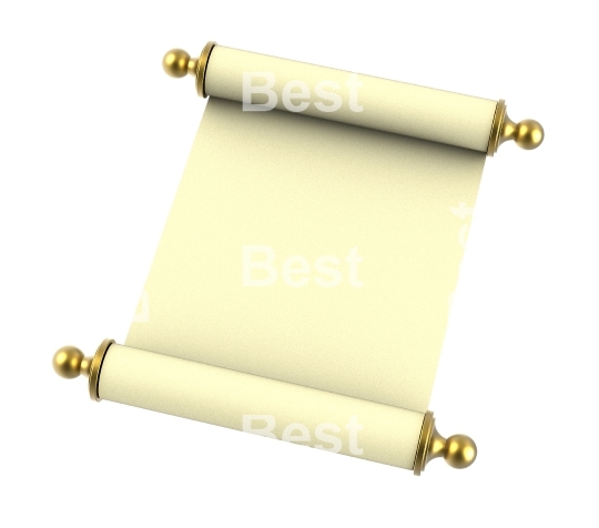 Scroll paper with golden handles isolated on white background.