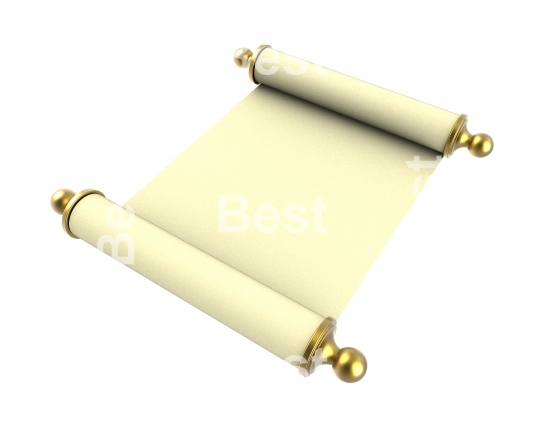 Scroll paper with golden handles isolated on white background.