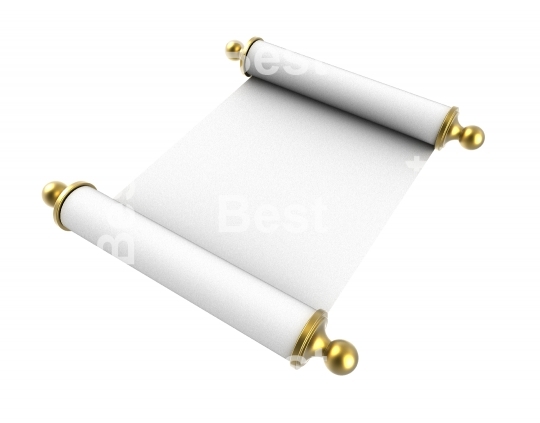 Scroll paper with golden handles isolated on white background.