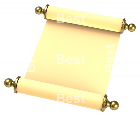 Scroll paper with golden handles over white.
